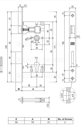 Zamek AGB PATENT GRANDE na wkładkę 90/50 niklowany t.9 z dźwignią, wymiary czoła 22x238mm B035915006