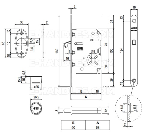 Zamek AGB Scivola Tre WC hakowy łazienkowy 50mm F16 mosiądzowany B089215003