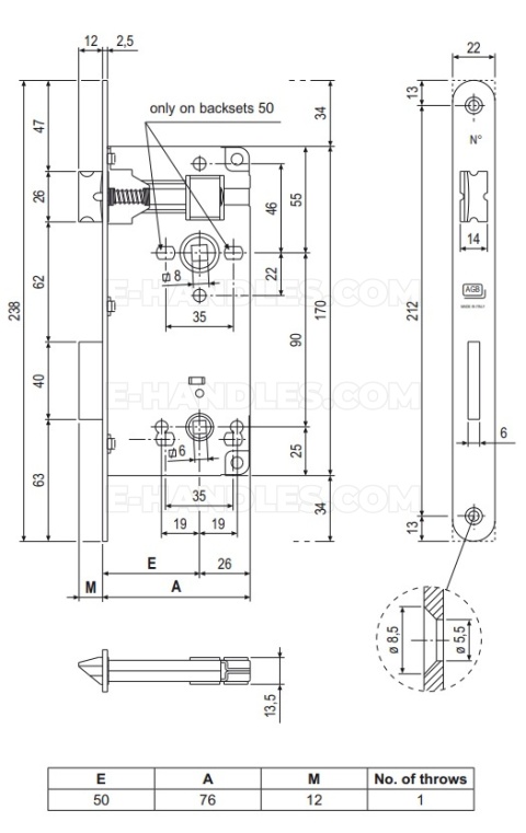 Zamek AGB PATENT GRANDE do WC 90/50 mosiądzowany, wymiary czoła 22x238mm, B005955003
