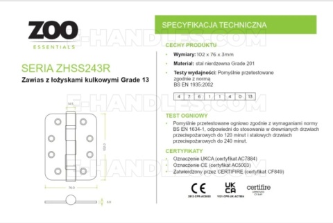 Zawias drzwiowy ZHSS243R, 102x76x3mm - stal nierdzewna, brąz satyna