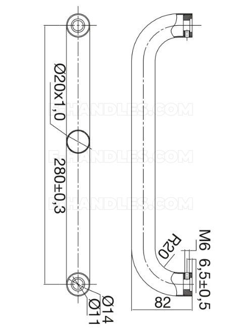Pochwyt dwustronny Ø20, długość 300mm, rozstaw 280mm, 8-60mm, M6- 4527 stal nierdzewna