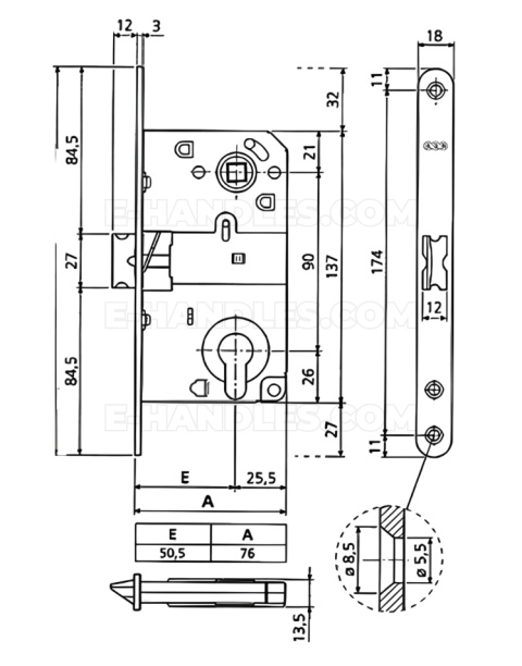 Zamek+adapter do wc 90/50 chrom matowy AGB MEDIANA F18 B010405034
