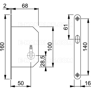 Zamek Hoppe WC hakowy 50mm czolo 160x16x2 chrom mat