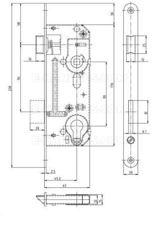 Zamek K02-06 PZ dormas 45/90, wymiary czoła 230x20x2,5 mm, HOBES