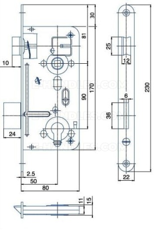 Zamek 24026 PZ dormas 50/90, wymiary czoła 230x20x2,5 mm, HOBES