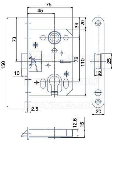 Zamek K052 PZ dormas 45/72, wymiary czoła 150x20x2,5 mm, HOBES