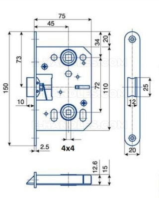 Zamek K053 WC 4x4, dormas 45/72, wymiary czoła 150x20x2,5 mm, HOBES