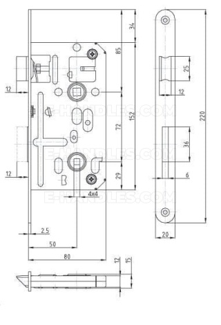 Zamek K135.4 WC 4x4, dormas 50/72, wymiary czoła 220x20x2,5 mm, HOBES
