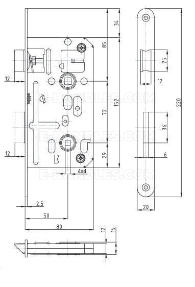 Zamek K135.4 WC 4x4, dormas 50/72, wymiary czoła 220x20x2,5 mm, HOBES