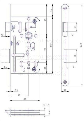 Zamek K134 OB dormas 50/72, wymiary czoła 220x20x2,5 mm, HOBES