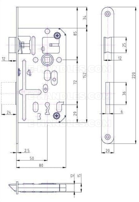 Zamek K134 OB dormas 50/72, wymiary czoła 220x20x2,5 mm, HOBES