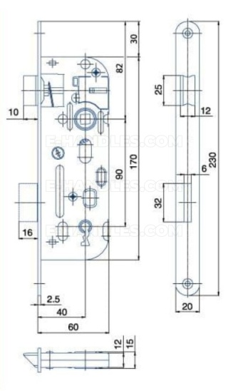 Zamek K01-15 OB dormas 40/90, wymiary czoła 230x20x2,5 mm, HOBES