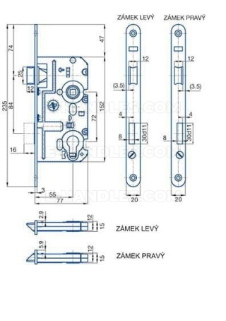 Zamek lewy K331 PZ dormas 55/72, wymiary czoła 230x20x3 mm, HOBES