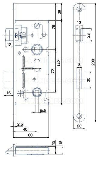 Zamek do WC 6x6, dormas 40/72, wymiary czoła 200x20x2,5 mm, HOBES