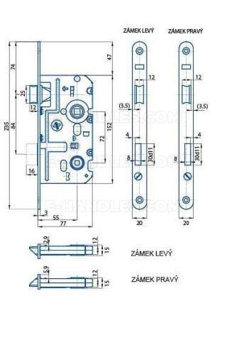 Zamek lewy K332 do WC 6x6, dormas 55/72, wymiary czoła 235x20x3 mm, HOBES