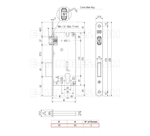 Zamek rolkowy na wkładkę 60mm F22x238mm, mosiądzowany AGB SICUREZZA B208516003