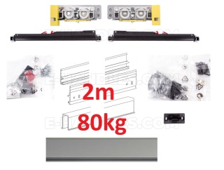Zestaw Srebrny F1, szyna 2m, do 80kg Diva Fluid z dwustronnym domykiem, system do drzwi przesuwnych Terno Scorrevoli